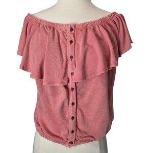 We The Free Off Shoulder Linen Blend Ruffle Hem Blouse Womens Coral Medium NWT